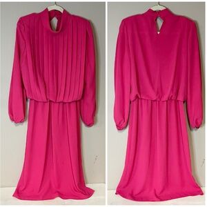 Vintage 1980s Hot Pink Pleated High Neckline Dress USA Union Made